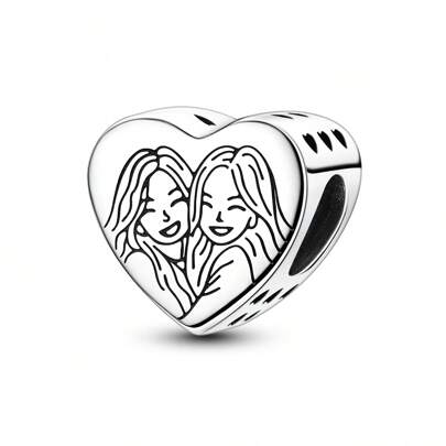 1pc Silver Color Sweet Style Best Friends Love Shaped Charm Suitable 3mm Bracelet Necklace DIY Western Jewelry Making Beads Pendant Perfect Daily Wear Show Friendship Gift Friendship Day Birthday Surprise Bestie