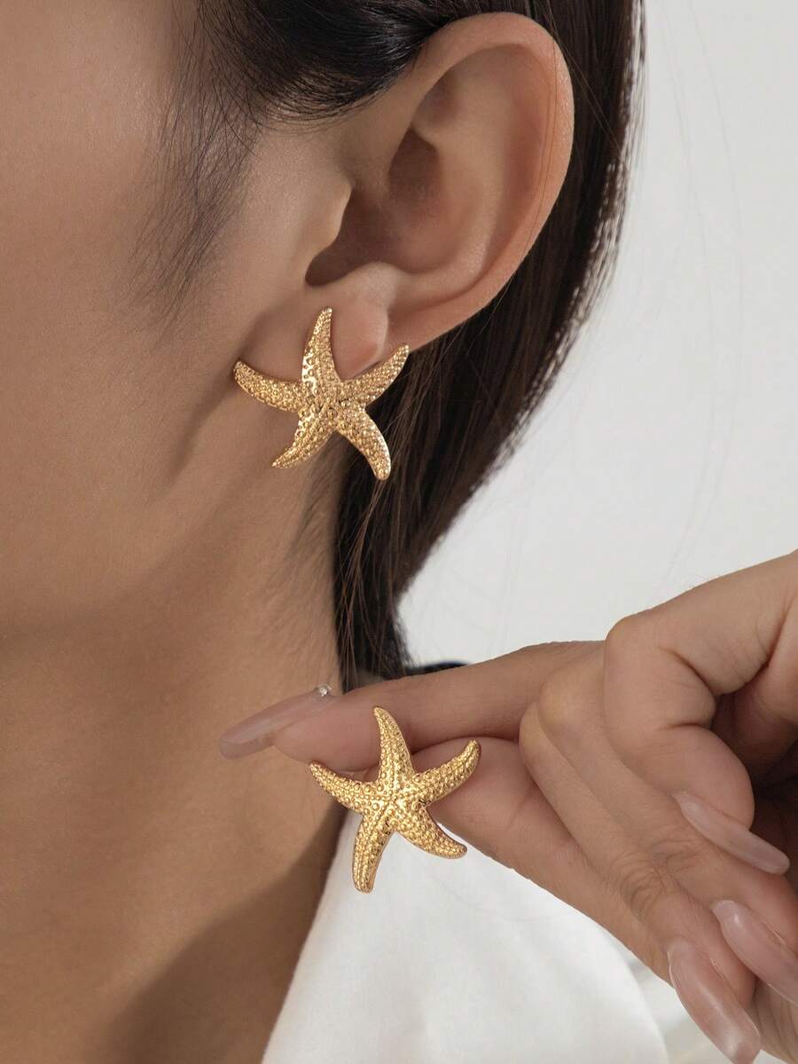 1 对简约纹理海星设计耳环，时尚休闲海洋度假风格女士珠宝 - 金黃色 - 查看 1