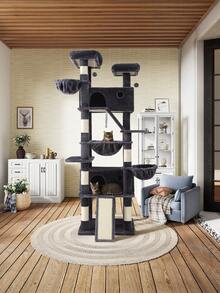 81in Multi-Level Tall Cat Tree Tower For Indoor Kitties/Larger Cat Condo Furniture With Hammock/Cozy Pussycat Perches/Sisal Scratching Posts/Pet House/Wide Base, Grey|Beige|Dark Grey|Pink|Leopard Print|White & Black Spot - 深灰色 - 查看 3