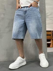 HEHCN Men's Front Button Pocket Casual Denim Shorts, Vintage Washed Blue Retro American Streetwear Bermuda Jeans, Suitable Gift For Boyfriend, Husband