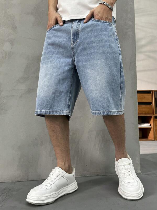 HEHCN Herren Denim Shorts mit Knopfverschluss und Tasche, lässig, vintage gewaschen in blau, amerikanischer Retro Streetwear Stil, Bermuda Jeans, passendes Geschenk für Freund oder Ehemann