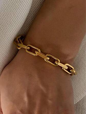 1pc 18K Gold Plated Chain Bracelet, Thick Link Bracelet, 6.5" Statement Bracelet, Stainless Steel Jewelry, Christmas Gift For Her
