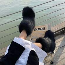 Women's Furry Faux Fur Boots Fuzzy Fluffy Mid Calf Snow Boots Suede Warm Fur Lined Booties Flat Warm Short Winter Boots - màu đen - Xem 3