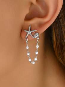 1 par de elegantes y frescos pendientes de mujer, de diseño aleatorio con concha de estrella y perla, pendientes tipo botón versátiles para fiestas, regalos y uso diario