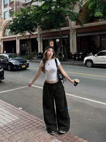 VIBEWAVE Elastic Drawstring Oversized Thin Knit Casual Street Pants, Spring/Summer