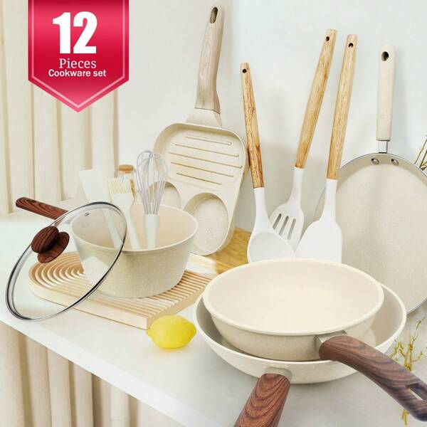 ABKOK 1 Stück / 3 Stück / 12 Stück antihaftbeschichtetes Kochset mit Holzgriffen - beinhaltet Bratpfanne, Kochtopf, Pfanne für Frühstück/Crêpes & Silikonküchenutensilien (zum Aufhängen, universell für Herde geeignet & müheloses Reinigen)