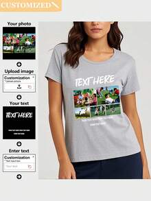 Carga 5 imágenes y agrega texto para personalizar una camiseta de mujer como regalo