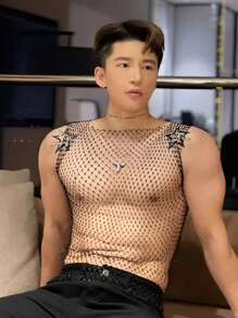 1pc Men's Sequined Sexy Sheer Mesh Hollow-Out Strap Vest Top, Clubwear, Party Outfit, For Displaying Chest Muscles, Also Suitable For Women