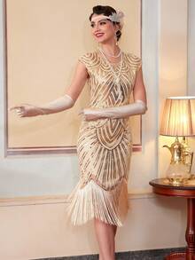 Women's 1920s Vintage Sequined Round Neck Puff Sleeve Fringe Hem Fitted Party Dress, For Cocktail