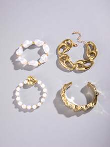 imoli Set de 4 pulseras elegantes y versátiles con perlas irregulares de resina blanca, corazón, nariz de cerdo y cuentas para mujeres, adecuado para fiestas y regalos (el tamaño de las perlas varía, cantidad de cuentas no especificada)