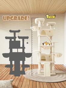 SHA CERLIN 81in Multi-Level Tall Cat Tree Tower For Indoor Kitties/Larger Cat Condo Furniture With Hammock/Cozy Pussycat Perches/Sisal Scratching Posts/Pet House/Wide Base, Grey|Beige|Dark Grey|Pink|Leopard Print|White & Black Spot - 米色 - 查看 4