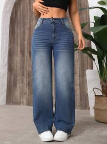 Women Straight Leg Jeans, Fashion Denim Pants, Elegant Stretchy Straight Jeans For Date, Work, Shopping, Versatile And Minimalist Chic