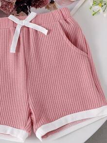 2pcs Young Girls Floral Short Sleeve Shorts Casual Comfortable Breathable Summer Set - Pink - View 6