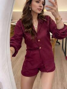 Long Sleeve Top And Shorts Set Combination - Burgundy - View 2