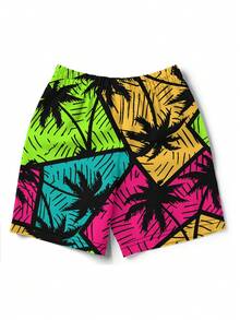Men's 3D Coconut Tree Patchwork Print Beach Shorts, Hawaiian Style - Multicolor - View 4