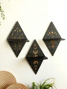 1 件木制浮动壁架 - 手工制作的几何黑色和金色装饰架，用于水晶、多肉植物、珠宝和小物品 - 适合客厅、卧室、办公室和巫术装饰的时尚家居装饰