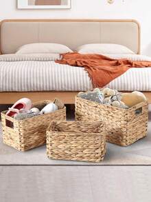 Set de 3/1 pieza Cestas de almacenamiento rectangulares, cestas tejidas de mimbre y jacinto de agua, cestas organizadoras, cestas de almacenamiento tejidas a mano para estantería, papel de baño, escritorio, mesa de café, juguetes, llaves, cosméticos