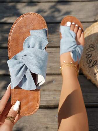 Rainbow Bow Decor Dam Platta Sandaler, Bekväm Massagesula Färgglada Strandtofflor