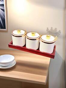 1pc Vintage Style Kitchen Spice Jars With Golden Trim - Brown Wood Tray Spice Jar Crown Top - View 5