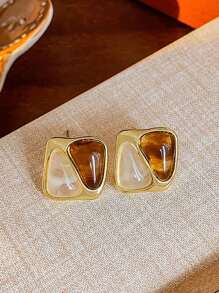 3 Pairs Vintage Amber-Color Resin Alloy Ear Studs, Suitable For Women's Daily Wear Jewelry, Christmas Gift, Holiday Gift, Singles Party Gift