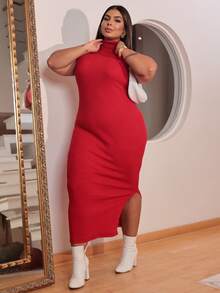 Women's Plus Size Long Dress With Side Slit And Premium Ribbed Rib - Red - View 7