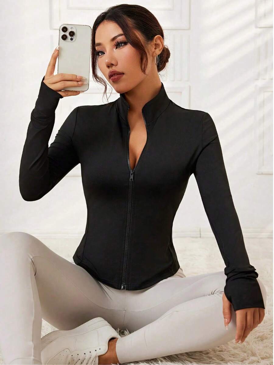 Chaqueta Deportiva Con Abertura En El Pulgar Y Cremallera De Color Liso - Negro - Ver 1