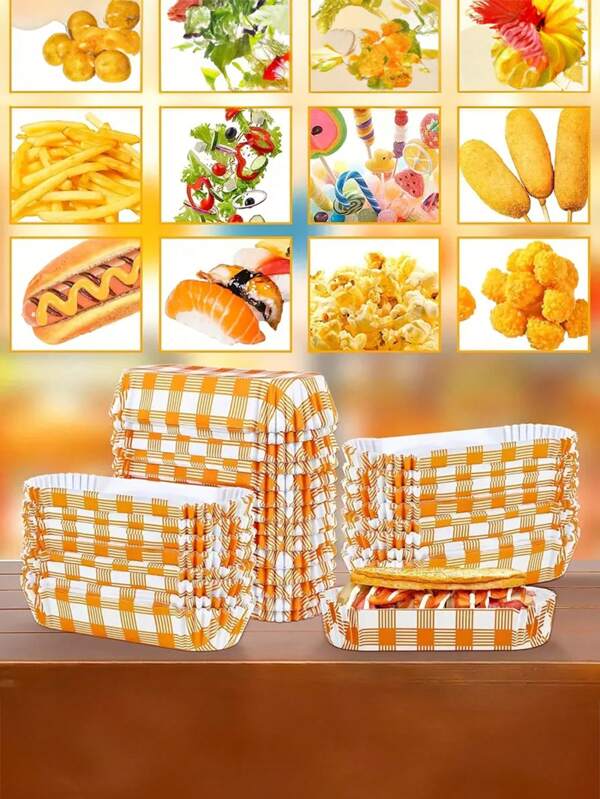 30pcs/Set Paper Food Tray - Paper Hot Dog Tray, Multifunctional Snack Stall Service Boat, Rectangular Ripple Design, Suitable For Snacks, Party Supplies, Takeout (Grid Pattern)