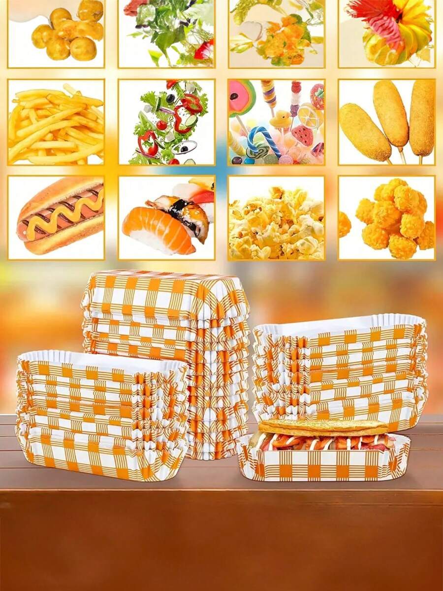 30pcs/Set Paper Food Tray - Paper Hot Dog Tray, Multifunctional Snack Stall Service Boat, Rectangular Ripple Design, Suitable For Snacks, Party Supplies, Takeout (Grid Pattern) - Multicolor - View 1