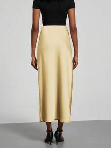 女士四季皆宜缎面弹力腰长裙 - 淡黃色 - 查看 9