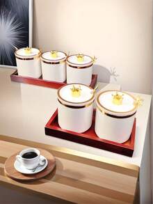 1pc Vintage Style Kitchen Spice Jars With Golden Trim - Brown Wood Tray Spice Jar Crown Top - View 3