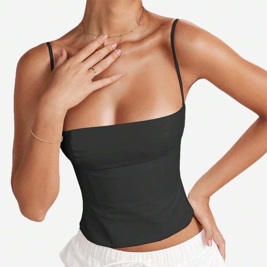 Women Y2K Square Neck Sleeveless Crop Tank Tops Solid Color Backless Spaghetti Strap Crop Camisole Summer Going Out Top - màu đen - Xem 1