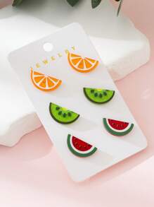 3 paires/set Boucles d'oreilles à clous pour femmes avec motifs de fruits orange, kiwi, pastèque, convient pour un port quotidien et les vacances à la plage