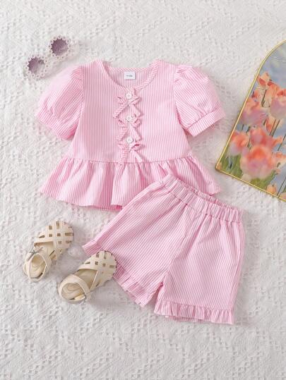 2pcs/Set Baby Girls' Pink Striped Bow Sweet Korean Style Summer Outfits