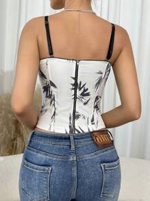1pc Fashionable, Unique, Comfortable Ink Bamboo Leaf Print Fitted Cropped Zipper Camisole Bustier For Women