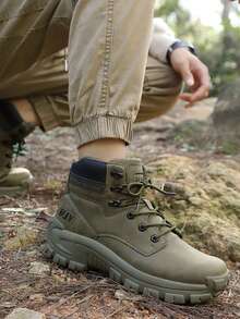 Men's High-Top Military Tactical Work Boots, Leather Motorcycle Combat Boots, Lightweight Hiking Boots, Casual Shoes - Army Green - View 6