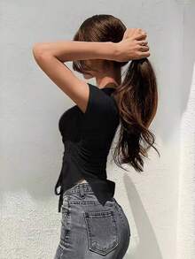 Women's Minimalist Solid Color Round Neck Sexy Fitted Cropped Tops - Black - View 3