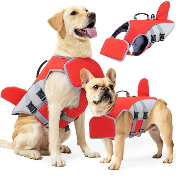 Dog Life Jacket Ripstop Dog Shark Safety Vest Adjustable Preserver With High Buoyancy And Durable Rescue Handle For Small,Medium,Large Dogs