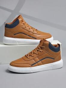 Men Shoes Casual Sneakers, Lace Up Soft Sole Flat Comfortable Skate Shoes For Men, Lightweight High-Top Daily Shoes - Brown - View 2