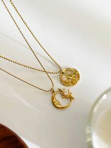 Monlansher 原创新款女士项链，不锈钢蛇骨链配圆形月亮和星星吊坠，手工制作，带宝石装饰，时尚简约，百搭日常佩戴