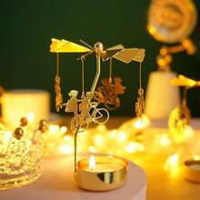 Suporte de vela giratório de metal em formato de carrossel, suporte de vela romântico, decoração de mesa para jantar à luz de velas, candelabro metálico de alta qualidade, ambiente para casamento - Multicolorido - Ver 8