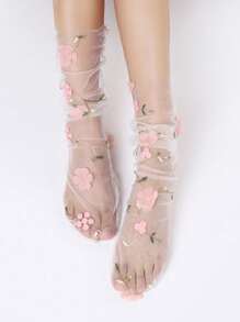 New Lace Mesh Mid-Calf Socks, Sweet Floral Net Fashionable Stack Socks For Women, Casual Summer