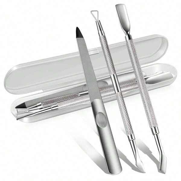 3PCS Cuticle Pusher And Gel Polish Remover Set With Nail Files, Salon Quality Metal Acetone Gel Nail Polish Peeler Scraper Durable Professional Manicure Pedicure Cleaner Tool For Fingernail Toenail