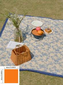 1pc French Romantic Vintage Floral Print Picnic Mat, Navy Blue Lace Trim, Thick & Durable, Multipurpose Covering Blanket Perfect For Outdoor Picnic, Family Gathering, Backyard, Afternoon Tea, Photography Background, Suitable For All Seasons