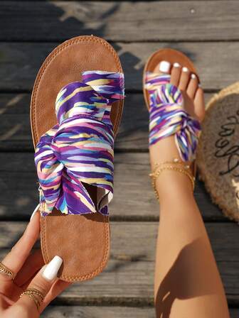 彩虹蝴蝶女士平底凉鞋，舒适按摩鞋底彩色沙滩拖鞋