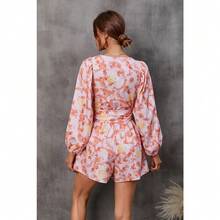 Floral V-Neck Jumpsuit Set | Women's Summer Long Sleeve & Shorts Romper With Botanical Print - Red - View 8