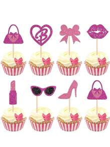 24pcs/Set Glitter Pink High Heels, Handbag, Lipstick, Glasses, Bowknot Cupcake Toppers For Women Birthday Party, Princess Cupcake Decorations, Cake Toppers