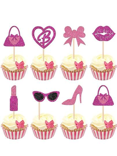 24pcs/12pcs Glitter Pink High Heel Purse Lipstick Glasses Bow Cupcake Toppers, Princess Cupcake Decorations, Cake Picks For Women Birthday Party Theme