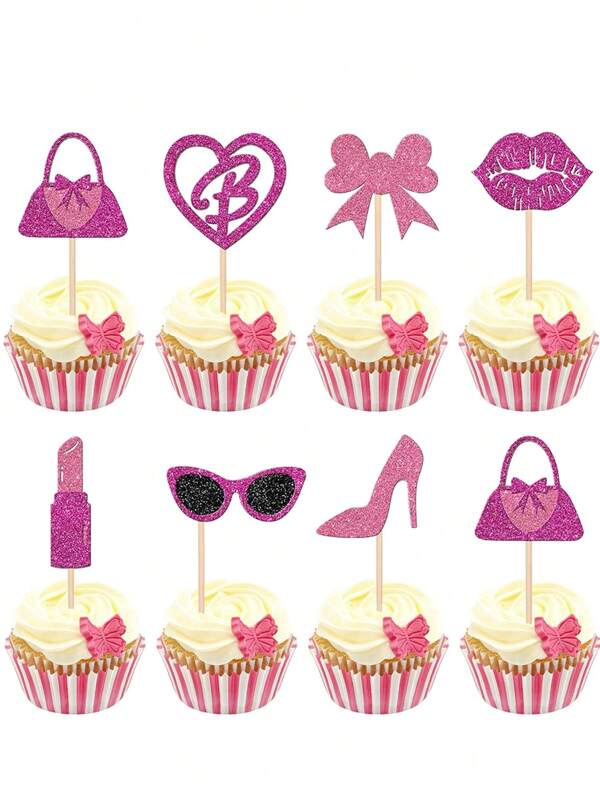 24pcs/12pcs Glitter Pink High Heel Purse Lipstick Glasses Bow Cupcake Toppers, Princess Cupcake Decorations, Cake Picks For Women Birthday Party Theme