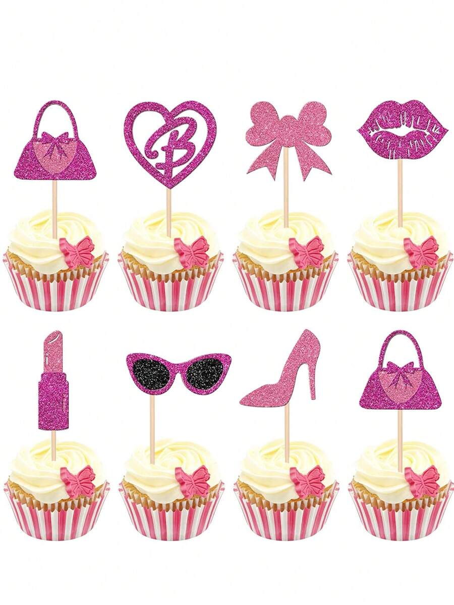 24pcs/Set Glitter Pink High Heels, Handbag, Lipstick, Glasses, Bowknot Cupcake Toppers For Women Birthday Party, Princess Cupcake Decorations, Cake Toppers