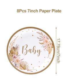 Juego desechable de vajilla de papel con decoración floral para fiesta de ducha para chicas, que incluye: 8 platos de papel de 7 y 9 pulgadas, 8 vasos de papel, 16 servilletas marrones. Suministros decorativos para fiesta de cumpleaños, revelación de género, ducha nupcial u otras celebraciones en el hogar.